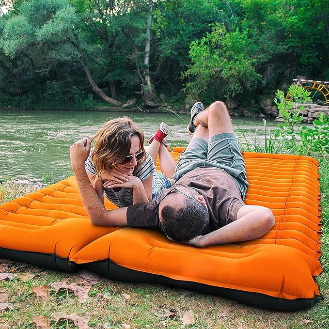 Double Camping Sleeping Pad, Self Inflating 4" Extra-Thick Foot Press Ultralight 2 Person Camping Mat with Pillow for Camping Hiking Traveling Backpacking Tent-Orange