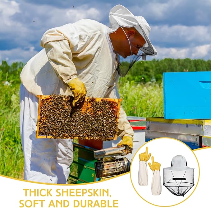 Xuhal Bee Keeping Hats and Gloves Includes Thick Goatskin Leather Bee Gloves with Ventilated Sleeves and Bee Keeper Fencing Veil Mosquito Hats Sun Hat with Hidden Net Mesh Mask