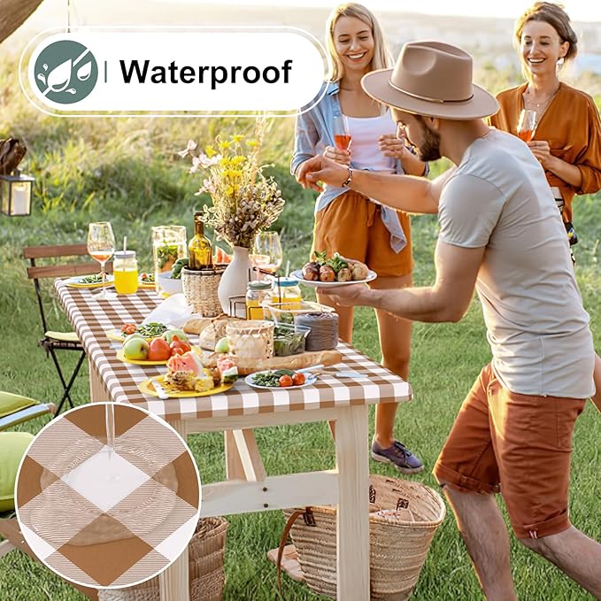 misaya Buffalo Rectangle Picnic Tablecloth, 8 Foot Elastic Fitted Vinyl Table Cloth with Flannel Backing, Waterproof Plaid Table Covers for Dining, Camping, Outdoor (Brown and White, 30" x 96")