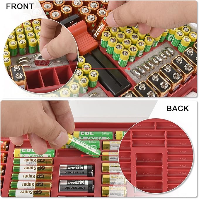 Battery Organizer Storage Holder Case with Double-Sided, Garage Box with Tester Checker. Batteries Container for 269pcs AA AAA AAAA 3A 4A 9V C D Lithium 4LR44 CR2 CR123A CR1632 CR2032 18650 -Red
