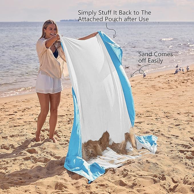 WEKAPO Beach Blanket Sandproof Waterproof, Extra Large Beach Mat, Oversized & Compact Sand Free Mat Quick Drying, Lightweight & Durable with 6 Stakes & 4 Corner Pockets