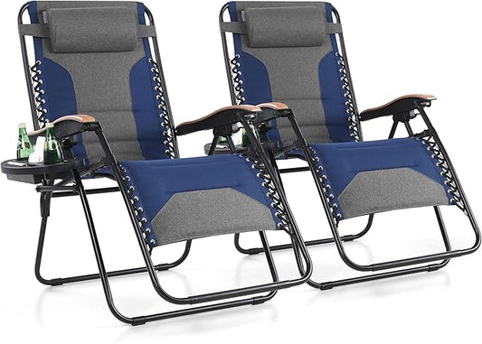 MFSTUDIO Zero Gravity Chairs Set of 2, XL Oversized Outdoor Anti Gravity Chair, Patio Lounge Folding Adjustable Chair with Cup Holder & Padded Headrest, Support 400lbs,Cyan