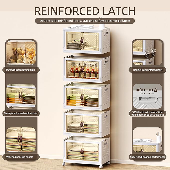 248 QT / 62 Gal Stackable Collapsible Storage Bins (1 Lid) with Magnetic Doors & Wheels - Plastic Cabinet Organizer for Home Office Closet, White Space-Saving Containers