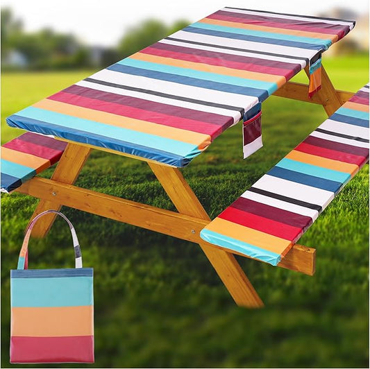 Fitted Picnic Table Cover with Bench Covers Waterproof Elastic Edges Rectangle Patio Tablecloth Outdoor Camping Essentials Stuff Rv Accessories Summer Trip Travel Supplies Party Camper Gifts, 6 ft