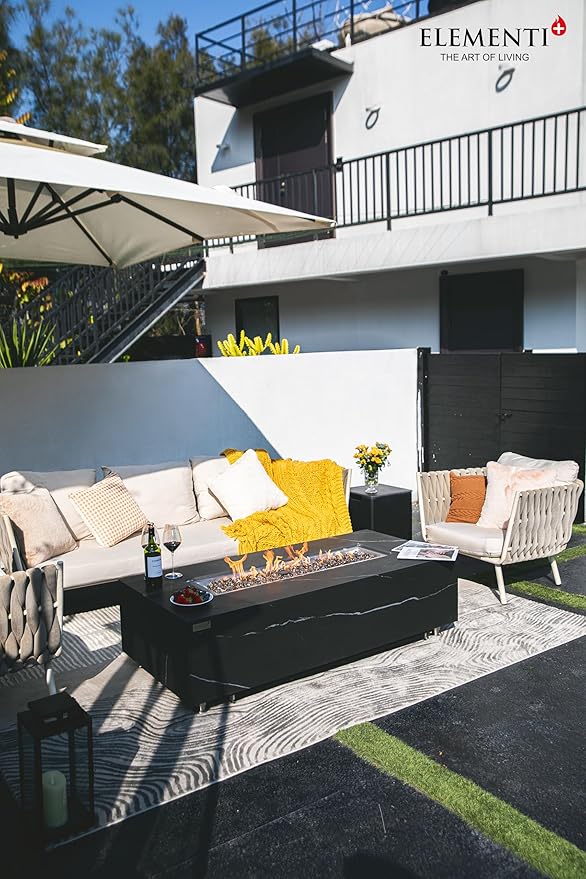 Elementi+ | Bundle Varna Gas Fire Pit | Marble Porcelain & Metal Frame | 60" Rectangular Fire Table | Electronic Ignition | Canvas Cover, Fire Glass & Burner Lid Included | Black | Propane Gas