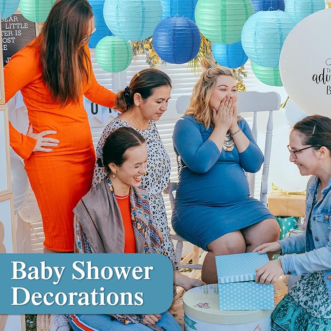 Treela 48 Pcs Paper Lanterns Party Decorations Chinese Round Paper Lanterns 4/6/8/10 Inch Asian Hanging Lamps Decorative for Birthday Party Supplies(Blue Series)