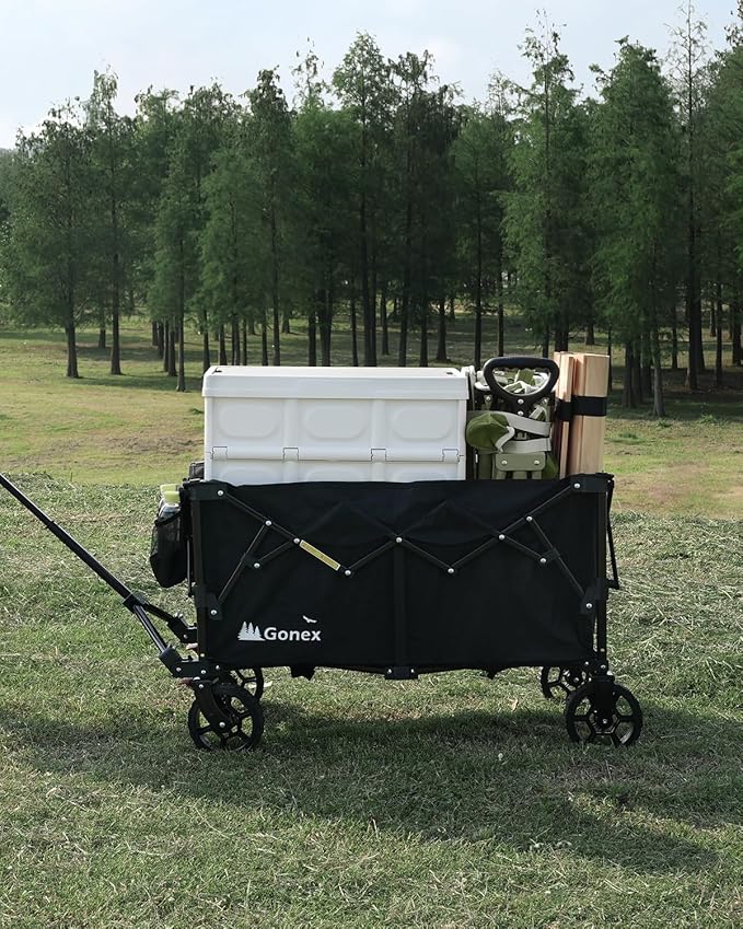 Gonex 38''L Extra Long Collapsible Foldable Wagon Cart with 360lbs Weight Capacity, 220L Folding Utility Garden Cart with Detachable Wheels for Grocery Sports Shopping Camping - Black