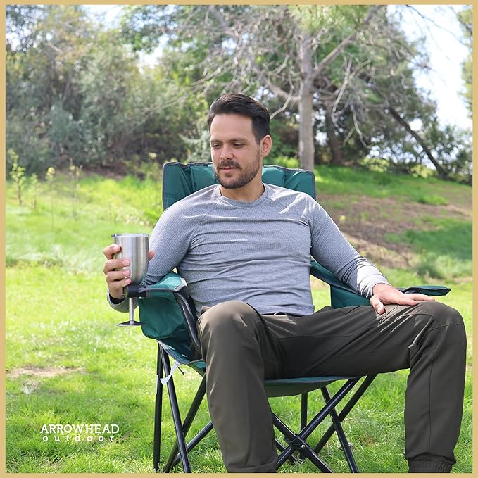ARROWHEAD OUTDOOR 2-Pack Portable Folding Camping Quad Chair w/ 6-Can Cooler, Cup & Wine Glass Holders, Heavy-Duty Carrying Bag, Padded Armrests, Headrest & Seat, Supports up to 550lbs