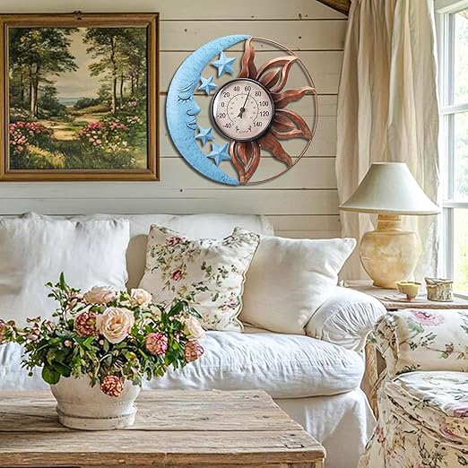 MUMTOP Indoor Outdoor Thermometer - Sun and Moon Wall Thermometer with Star, Outdoor Thermometers for Patio, Room, Greenhouse, Outside, Garden Decor