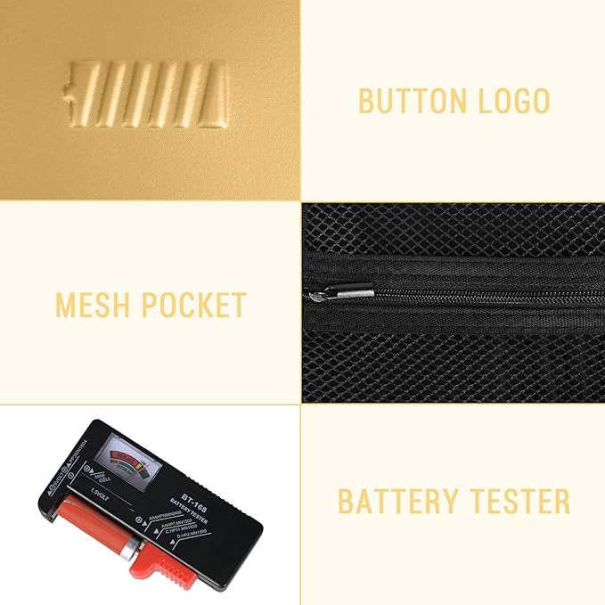 Battery Organizer Storage Case with Tester for AA AAA Button Battery Holder Carrying 3 Batteries Variety Pack 88 Batteries Zipper Mesh Bag (Batteries Not Included) (gold)