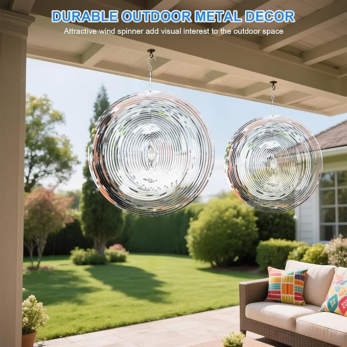 10 inch Wind Spinners Outdoor Silver Round Metal Wind Spinners for Yard and Garden, Stainless Steel Hanging Wind Chimes for Outside Patio Art Decor Whirligig Gifts for Mom Grandmother