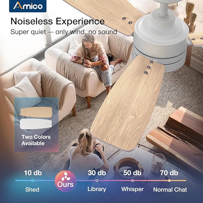 Amico Ceiling Fans with Lights, 44 inch Ceiling fan with Light and Remote Control, Reversible, 3CCT, Dimmable, Noiseless, Small White Ceiling Fan for Bedroom, Indoor/Outdoor Use