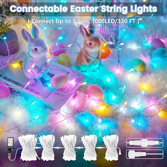 Connectable 200 LED 66FT Easter String Lights Outdoor Indoor, 66FT Easter Pastel Lights Multicolor Decorations Lights, Waterproof 8 Modes Plug in Twinkle Fairy Lights for Christmas Bedroom Decor
