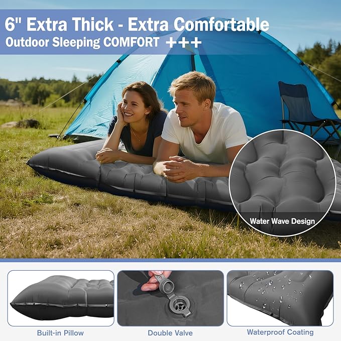 Sleeping Pad for Camping, 6" Extra Thick Camping Mat with Pillow Built-in Foot Pump, Ultra Comfortable Inflatable Sleeping Mat for Backpacking, Hiking, Camp Tent - Enjoy a Comfy Sleep