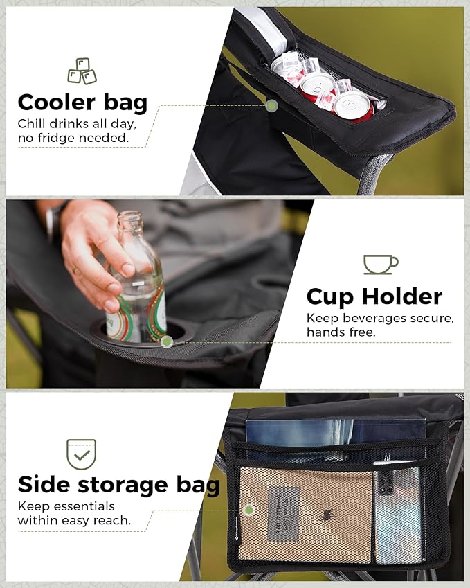 KingCamp Oversized Camping Folding Chair, Heavy Duty 450 LBS with Lumbar Support, Padded seat with Cup Holder&Cooler Bag, Ideal for Camp, Fishing, Sports Event, Backyard, Patio, Lawn (Lava Green)