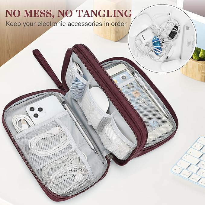 FYY Electronic Organizer, Large Travel Cable Organizer Bag Pouch Electronic Accessories Carry Case Portable Waterproof Double Layers All-in-One Storage Bag for Cable, Cord, Charger, Phone, Wine Red