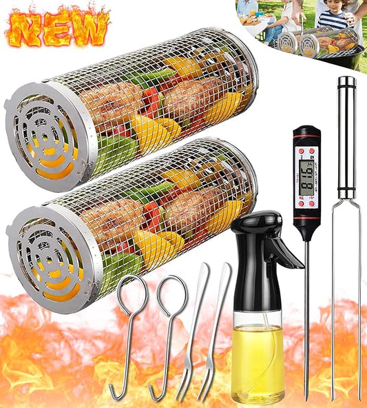 Rolling Grilling Baskets for Outdoor Grill Bbq Net Tube Round Mesh Barbecue Wire Cylinder Cage Picnic Must Haves Charbroil Yakitori Camping Campfire Cooking Basket Gear for Veggies Vegetable Fish Meat
