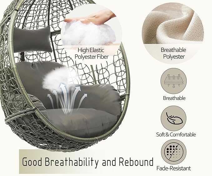 DoubleTT Indoor/Outdoor Egg Chair with Stand, Swing Hammock Hanging Chair Nest Basket, UV Resistant Removable & Washable Cushions,350LBS Capacity for Bedroom, Balcony, Garden