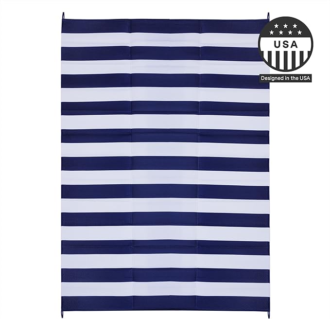 FH Home Outdoor Camping Rug - Waterproof, Fade Resistant, Reversible - Premium Recycled Plastic - Striped - Large Patio, Deck, Sunroom, RV - Brittany Stripe - Blue & White - 9 x 12 ft Foldable