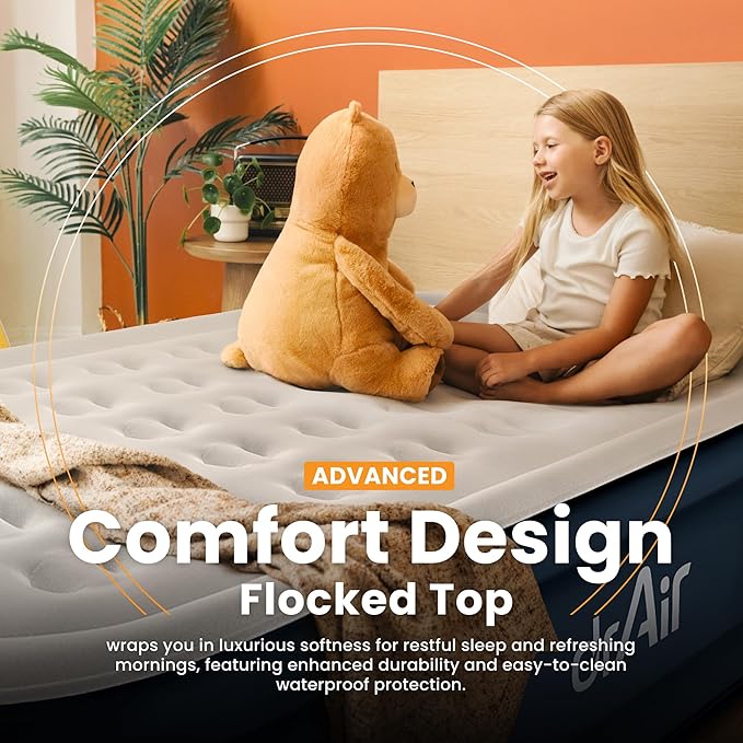 Full Air Mattress, 18” Raised Inflatable Bed with Built-in Pump, Waterproof Velvety Top, Ergonomic Design, Reinforced Support, and Carry Bag for Home, Camping, and Guests