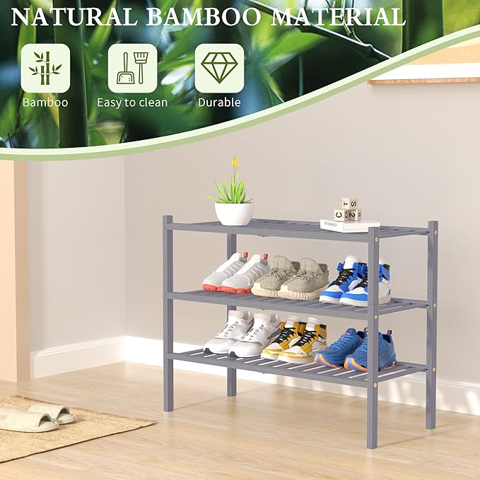 3 Tier Bamboo Shoe Rack for Closet Free Standing Wood Shoe Shelf Storage Organizer for Entryway Small Space Stackable 27"x11"x20" (Grey)