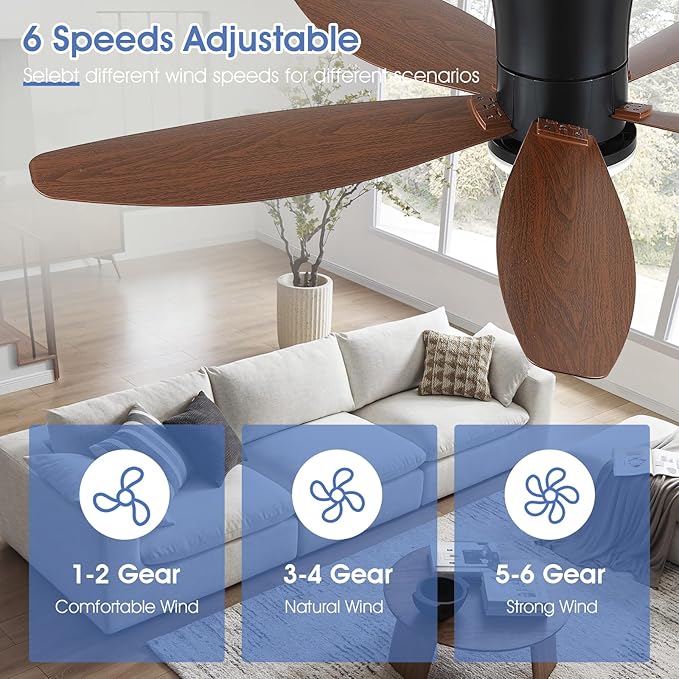 Ceiling Fans with Lights-48 Low Profile Ceiling Fan with Light and Remote/APP Control,Flush Mount,DC Reversible,LED Dimmable Modern Ceiling Fans for Bedroom,Indoor/Outdoor Patio Use(Brown)