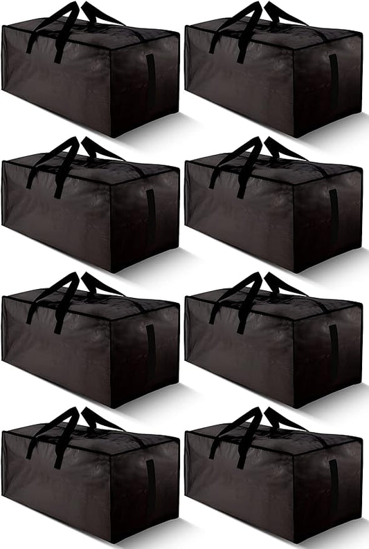 8 Pack Large Strong Bags with Zippers & Carrying Handles - Water-Resistant - Heavy Duty Storage Tote for Space Saving, Fold Flat, Alternative to Moving Box (Black)