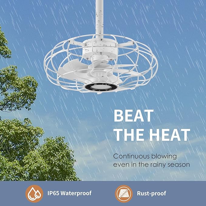 Outdoor Ceiling Fans with Lights, 15''White Hanging Gazebo Fan,3-Color LED Light, Adjustable Height, 6 speeds, Waterproof Plug in Caged Lighting for Patios, Pergola