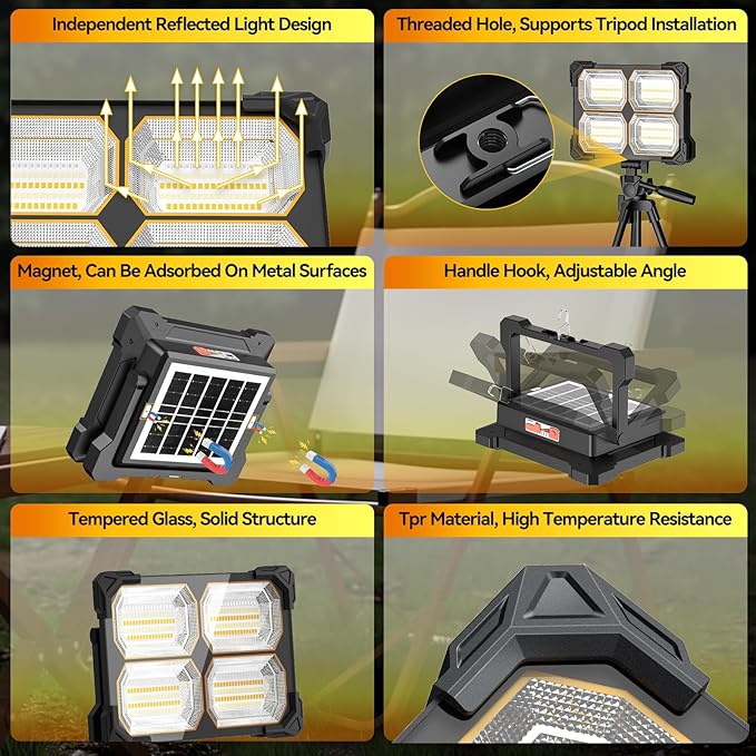 500W Led Work Light Rechargeable,42000MAh Solar Portable Light, 42000LM Magnetic Work Lights, 326 Led Battery Work Lights with Stand 5 Lights Modes IP66 Waterproof for Outdoor Camping Car Repairing