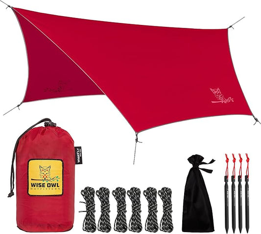 Wise Owl Outfitters Hammock Rain Fly – Waterproof Camping Tarp Cover with Tent Stakes & Carry Bag, Ultralight Shelter for Backpacking & Outdoor Shade