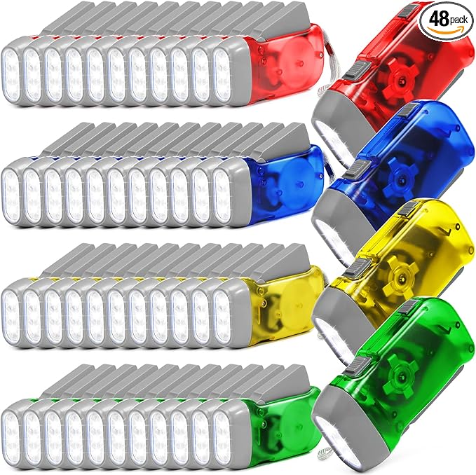 48 Pcs Hand Crank Flashlight No Battery Required Torch Light Manual Press Flashlight 3 LED Squeeze Torch Light for Shoeboxes Camping Hiking(Yellow, Green, Blue, Red)