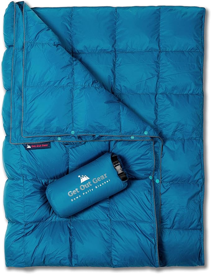 Down Camping Blanket - Puffy, Packable, Lightweight and Warm | Ideal for Outdoors, Travel, Stadium, Festivals, Beach, Hammock | 650 Fill Power Water-Resistant Backpacking Quilt