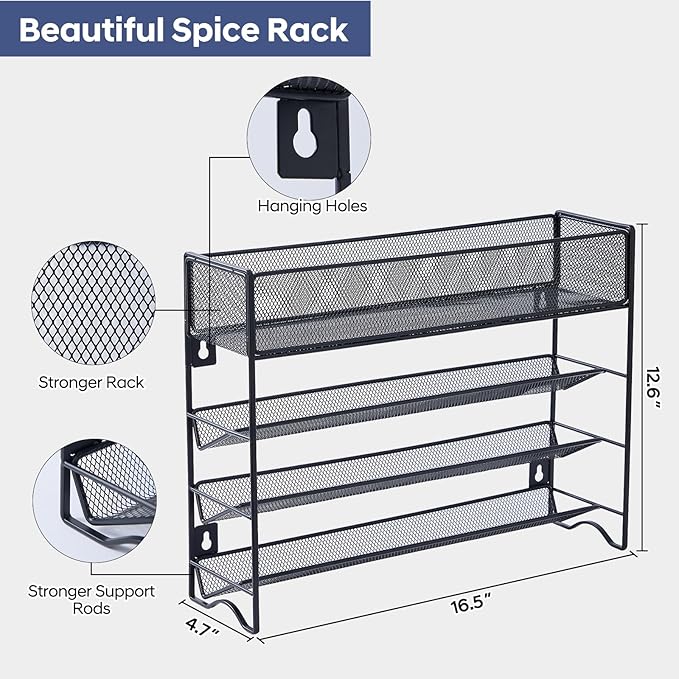 Spice Rack Organizer with 27 Spice Jars with Black Lids, Funnel, Spice Labels, Chalk Marker, Seasoning Organizer for Cabinet, Countertop, Pantry, Kitchen,Cupboard or Door & Wall Mount