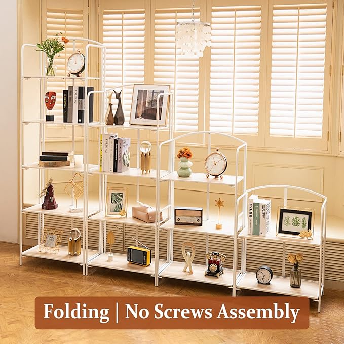 Crofy No Assembly Folding Bookshelf for Living Room, 5 Tier White Collapsible Book Shelf for Home Office, Portable Bookcase Storage Organizer