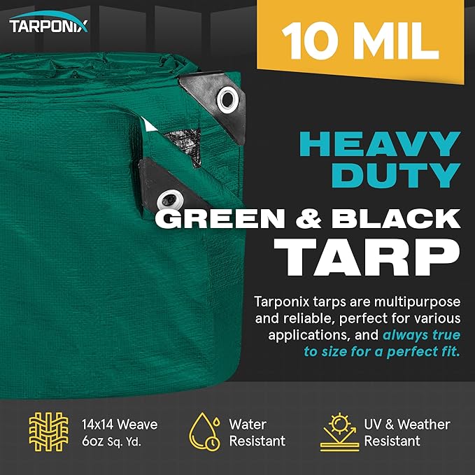 6' x 20' Dual-Sided Heavy-Duty Tarp – 10 Mil Tear-Resistant Green & Black Cover with Reinforced Edges and Anti-Rust Grommets