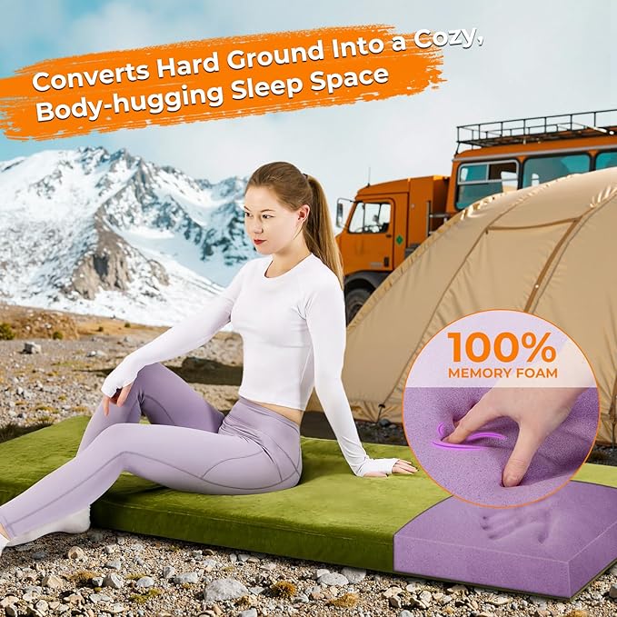 BDEUS Memory Foam Camping Mattress Pad 3inch Waterproof Roll Up Bed Sleeping Mat for Adults Portable Roll Up Mattress for Travel Guest Floor Bed Cot Mattress for Car, Tent