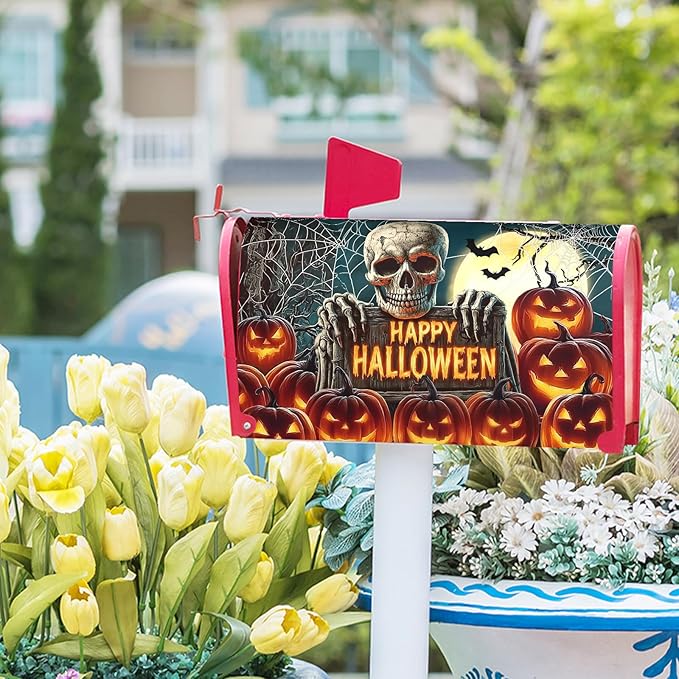 Happy Halloween Skeleton Mailbox Cover Magnetic Standard Size 21x18 inch Spooky Pumpkin Full Moon Post Letter Box Wrap Happy Holiday Dust-Proof Postbox Covers Protection for Home Outdoor Garden Yard