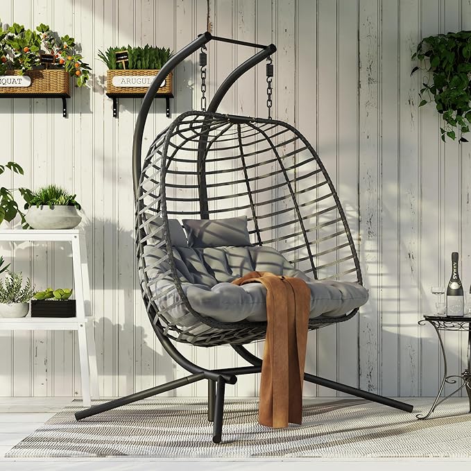 Double Hanging Egg Chair wth Stand, Patio Hammock Swing Chair with Cushion Loveseat for Bedroom, Balcony, Garden, Indoor, Outdoor