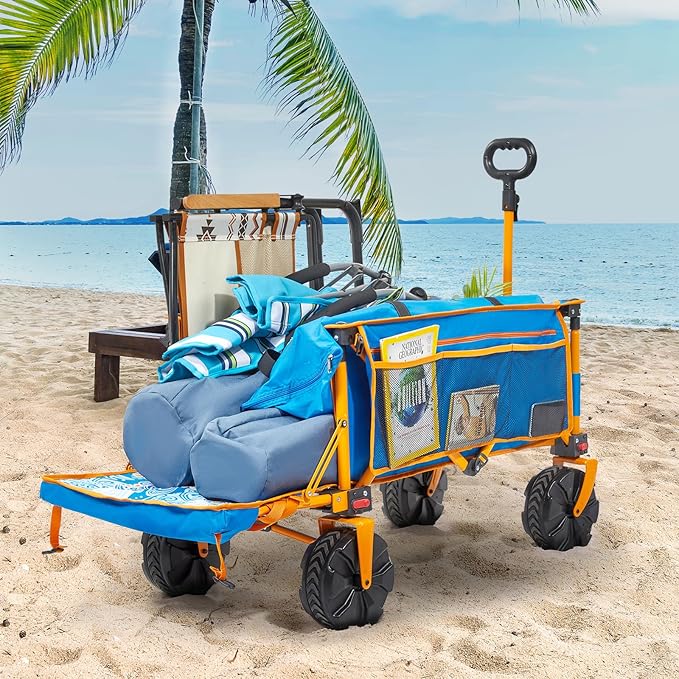 300lbs Extra Long 49" L Beach Wagon with Big Wheels for Sand, Collapsible Utility Beach Cart Heavy Duty Folding Wagon,Ideal for Outdoor Sand Camping Garden Pet