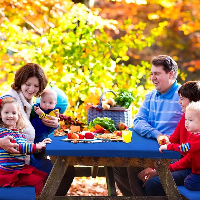 3 Pcs Picnic Table and Bench Fitted Tablecloth Cover for 6 Ft Table 30 x 72 Inch Vinyl Fitted Elastic Edges Waterproof Wipeable Tablecloth for Indoor Outdoor Travel Picnics Patio Camping (Blue)