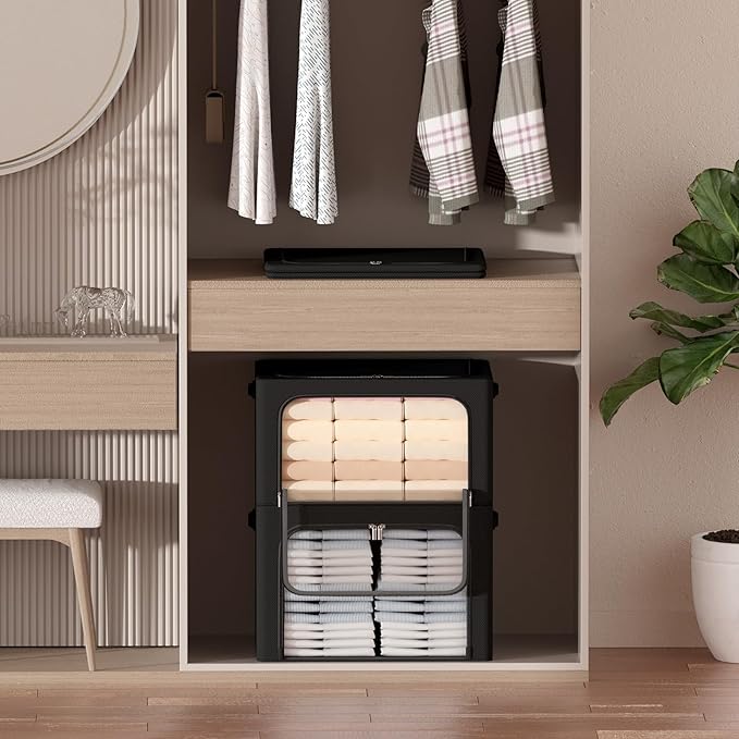 3Pack Frame Storage Box - Clothes Storage Bin Bags Oxford Fabric Foldable Stackable Container Organizer Set with Clear Window & Carry Handles (Black, X-Small-36L)