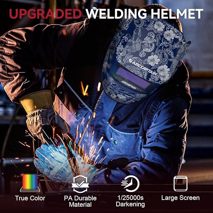 ARCCAPTAIN Large Viewing Screen Welding Helmet, 1/1/1/1 Top Optical Clarity Auto Darkening Welding Hood, 4 Arc Sensor 1/25000s Response Time True Color Weld Hood Helmet HSH-S800 Flower