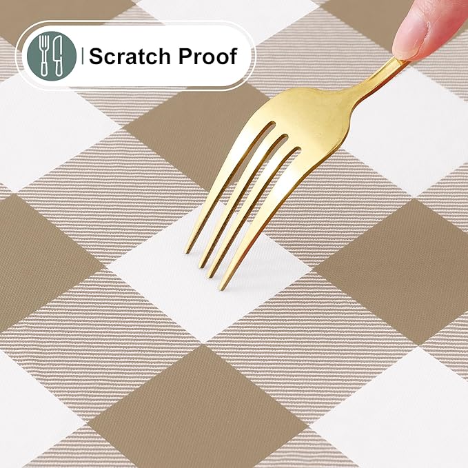 misaya Buffalo Rectangle Picnic Tablecloth, 6 Foot Elastic Fitted Vinyl Table Cloth with Flannel Backing, Waterproof Plaid Table Covers for Dining, Camping, Outdoor (Khaki and White, 30" x 72")