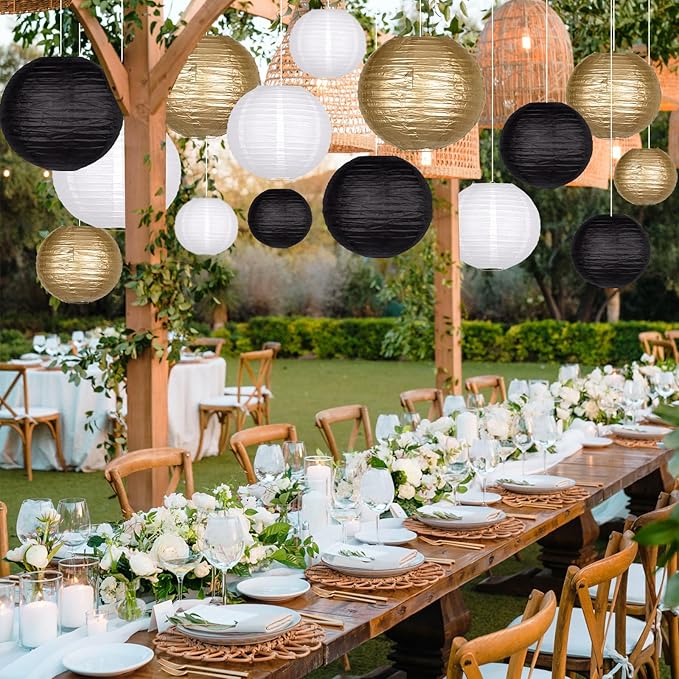 15pcs Paper Lanterns Black Gold Round Hanging Chinese Paper Lanterns 4" 6" 8" 10" 12" for Bachelorette Engagement Wedding Baby Bridal Birthday Party Decorations