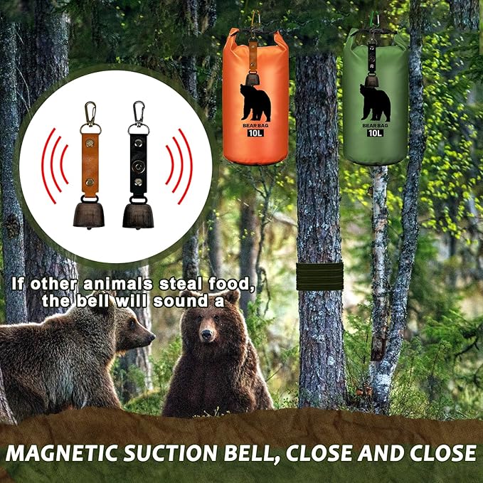 2 Pcs 10L Waterproof Bear Bags with 4 Nylon Ropes, 4 Clips & 2 Rock Pockets & 2 Small Warning Bells for Hanging Food securely. Ultralight Camping Food Bag System.