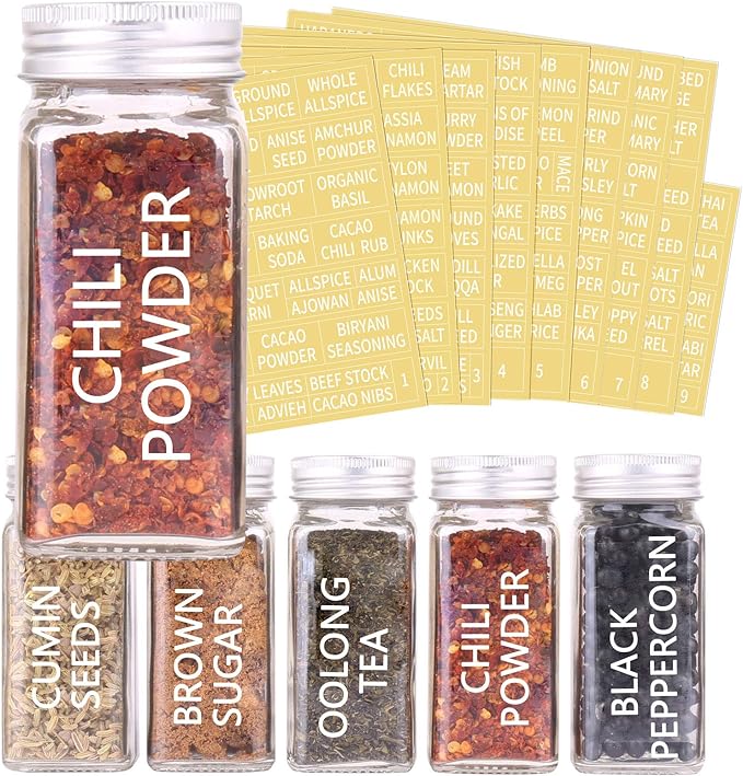 SWOMMOLY 42 Glass Spice Jars with 703 Spice Labels, Chalk Marker and Funnel Complete Set. 42 Square Glass Jars 4oz, Airtight Cap, Pour/sift Shaker Lid