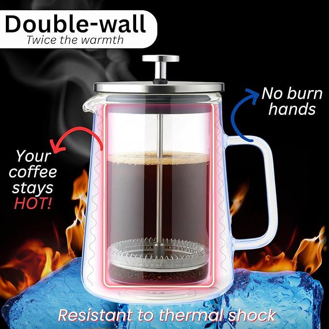 French Press Coffee & Tea Maker, 20 Ounce (500ml) – Thickened Double Wall Borosilicate Glass, 2-Cup, BPA Free, Small Coffee Press for Home, Office, Dorm, Gifts