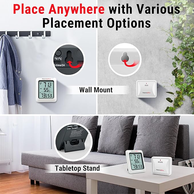 ThermoPro TP60-2 Digital Hygrometer Indoor Outdoor Thermometer Wireless Temperature and Humidity Gauge Monitor Room Thermometer with 500ft/150m Range Humidity Meter