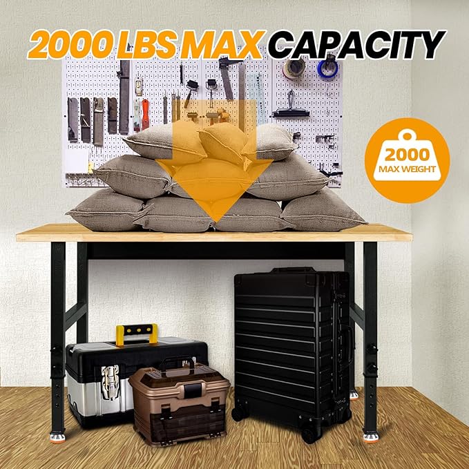 48" Adjustable Work Bench, Rubber Wood Top Workbench Heavy-Duty Work Table, 2000 LBS Load Capacity Hardwood Work Benches for Garage, Workshop, Home, Office, Easy Assembly