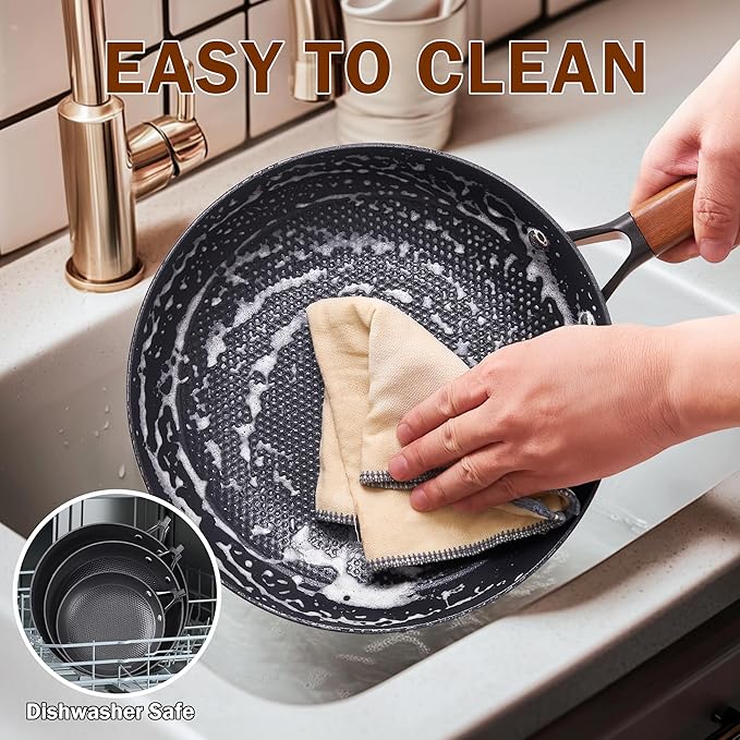 DM Cast Iron Skillet, 8 Inch Nonstick Frying Pan with Detachable Acacia Wooden Handle, Honeycomb Non stick Omelet Egg Pan, Easy Clean Oven Safe Pans for Cooking